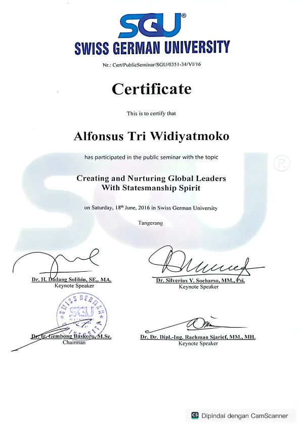 Sertifikat-Seminar Creating&Nuturing Global Leader With Statesmanship Spirit