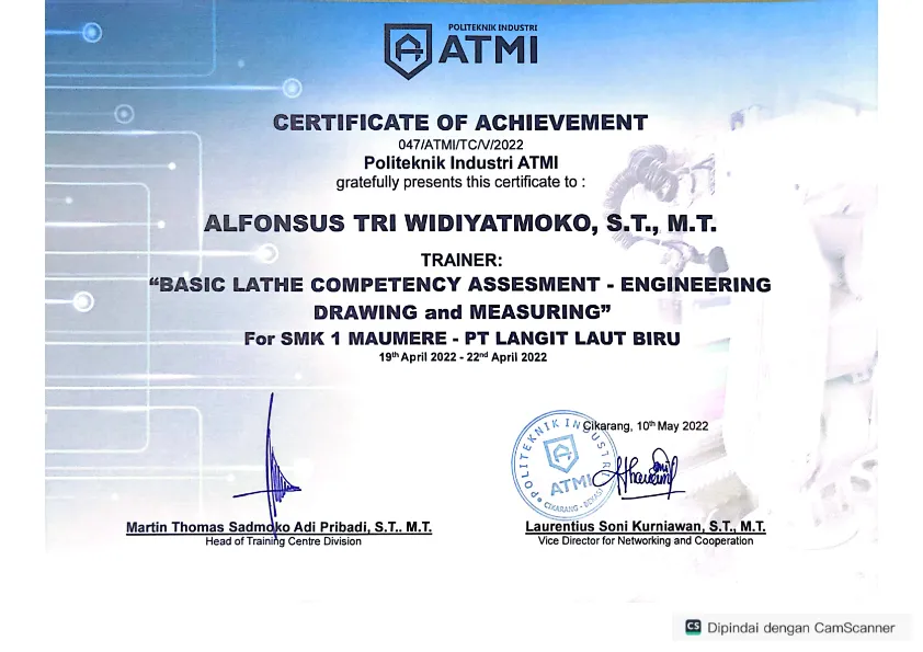 Sertifikat Trainer Basic Lathe Competency-Engineering Drawing&Measuring